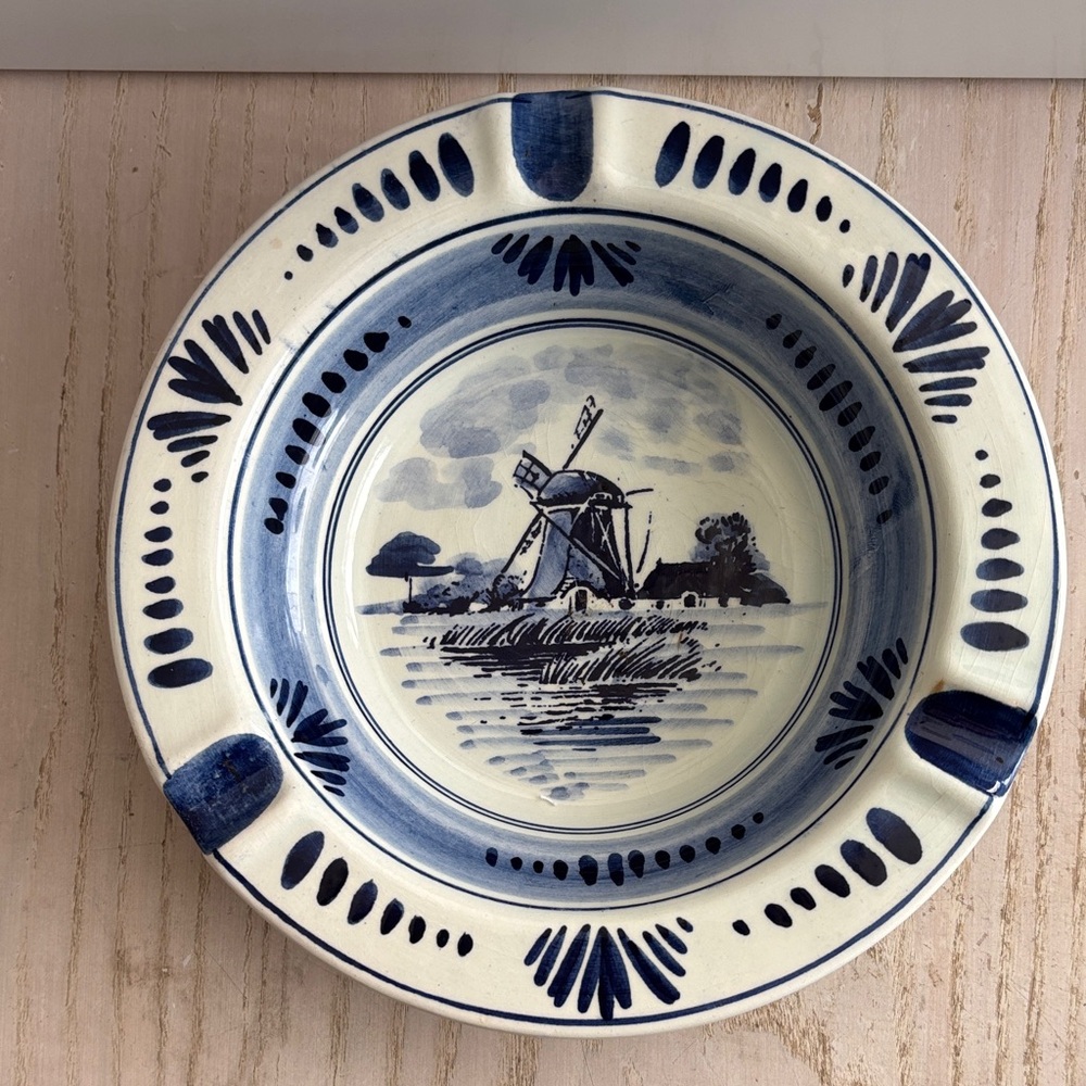 Hand-Painted Blue & White Ceramic Decorative Ashtray - Windmill Motif